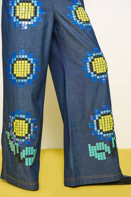 Buy Pooja Rajgarhia Gupta Blue Denim Sequins, Embroidery V-neck Wildflower Hand Jumpsuit Online at Aza Fashions Buy_Pooja Rajgarhia Gupta_Blue Denim Sequins, Embroidery V-neck Wildflower Hand Jumpsuit _Online_at_Aza_Fashions