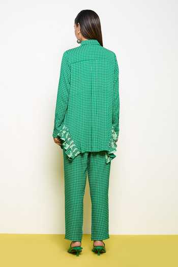 Pooja Rajgarhia Gupta Green Georgette Sequins Collared Chequered Pattern Shirt With Pant Online at Aza Fashions Pooja Rajgarhia Gupta_Green Georgette Sequins Collared Chequered Pattern Shirt With Pant _Online_at_Aza_Fashions