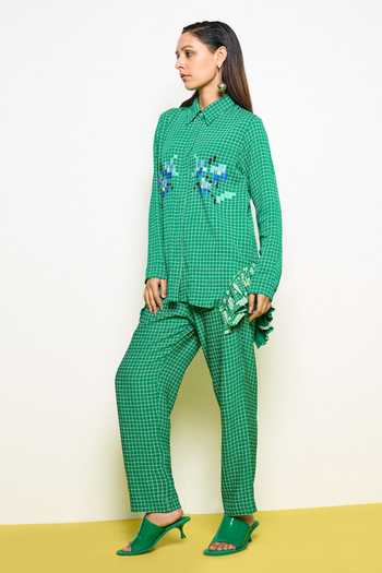 Shop Pooja Rajgarhia Gupta Green Georgette Sequins Collared Chequered Pattern Shirt With Pant Online at Aza Fashions Shop_Pooja Rajgarhia Gupta_Green Georgette Sequins Collared Chequered Pattern Shirt With Pant _Online_at_Aza_Fashions