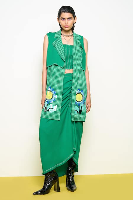 Pooja Rajgarhia Gupta Green Georgette Embroidery, Sequins Collared Wildflower Hand Jacket 