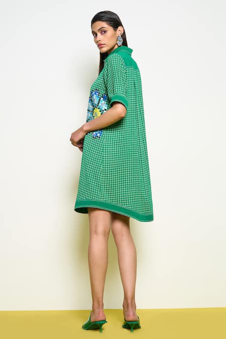 Buy_Pooja Rajgarhia Gupta_Green Georgette Embroidery, Sequins Collared Firefly Hand Dress _Online_at_Aza_Fashions