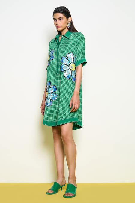 Shop_Pooja Rajgarhia Gupta_Green Georgette Embroidery, Sequins Collared Firefly Hand Dress _Online_at_Aza_Fashions