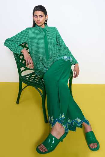 Pooja Rajgarhia Gupta_Green Georgette Embroidery, Sequins Honeybee Chequered Pattern Shirt With Pant _Online_at_Aza_Fashions
