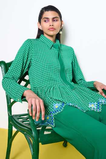 Buy_Pooja Rajgarhia Gupta_Green Georgette Embroidery, Sequins Honeybee Chequered Pattern Shirt With Pant _Online_at_Aza_Fashions