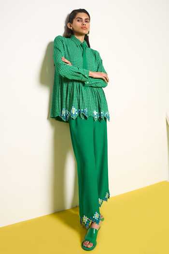 Pooja Rajgarhia Gupta_Green Georgette Embroidery, Sequins Honeybee Chequered Pattern Shirt With Pant _at_Aza_Fashions