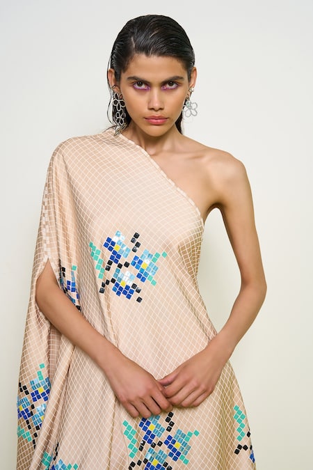 Pooja Rajgarhia Gupta_Beige Satin Sequins One Shoulder Checkered Print Kaftan And Pant Set _Online_at_Aza_Fashions