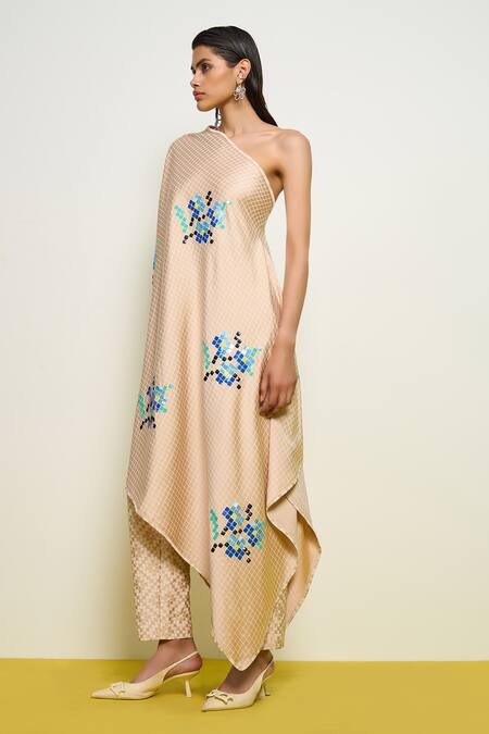 Buy_Pooja Rajgarhia Gupta_Beige Satin Sequins One Shoulder Checkered Print Kaftan And Pant Set _Online_at_Aza_Fashions