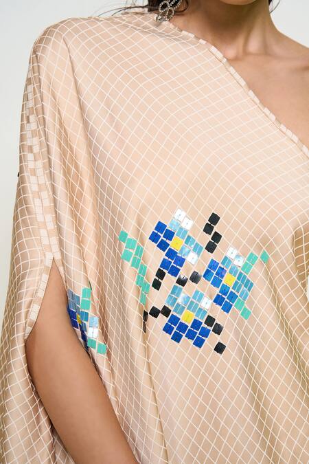 Shop_Pooja Rajgarhia Gupta_Beige Satin Sequins One Shoulder Checkered Print Kaftan And Pant Set _Online_at_Aza_Fashions