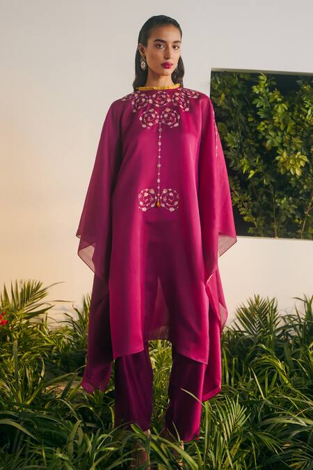 Shikha Mehta Purple Silk Chnaderi Embroidered Thread High Nirva Chanderi Tunic Pant Set