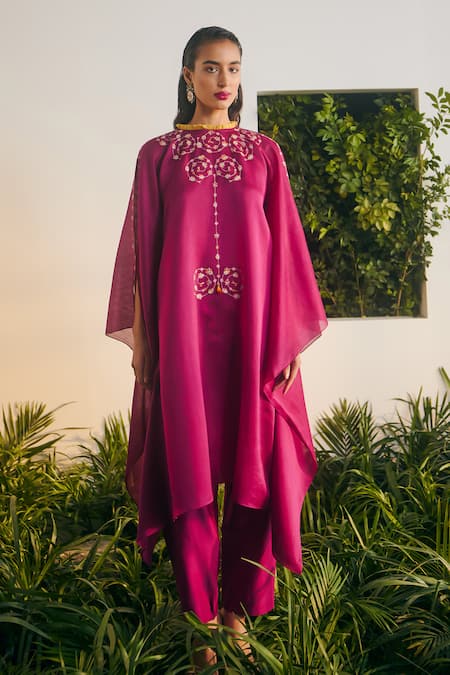 Shikha Mehta_Purple Chanderi, Silk Embroidery Round Neck Nirva Tunic Pant Set _Online_at_Aza_Fashions
