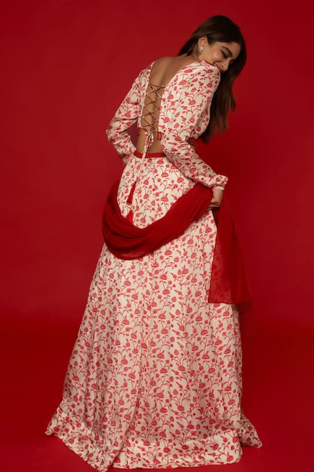 Shop Essay By Sumedha Agrawal White Organza Beads, Mirrors V-neck Lotus Vine Print Lehenga Set at Aza Fashions Shop_Essay By Sumedha Agrawal_White Organza Beads, Mirrors V-neck Lotus Vine Print Lehenga Set _at_Aza_Fashions