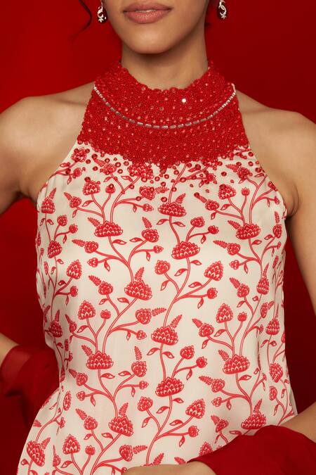 Shop_Essay By Sumedha Agrawal_White Organza Beads, Embroidery High Neck Lotus Vine Print Kurta Palazzo Set _Online_at_Aza_Fashions