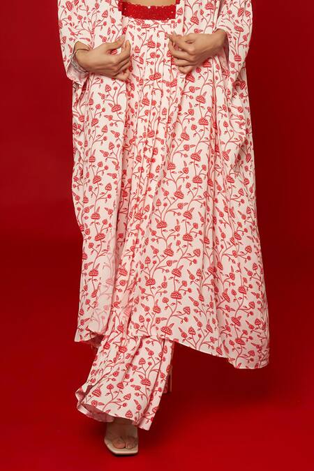 Essay By Sumedha Agrawal_White Georgette Beads, Mirrors V-neck Lotus Vine Print Cape Skirt Set _Online_at_Aza_Fashions