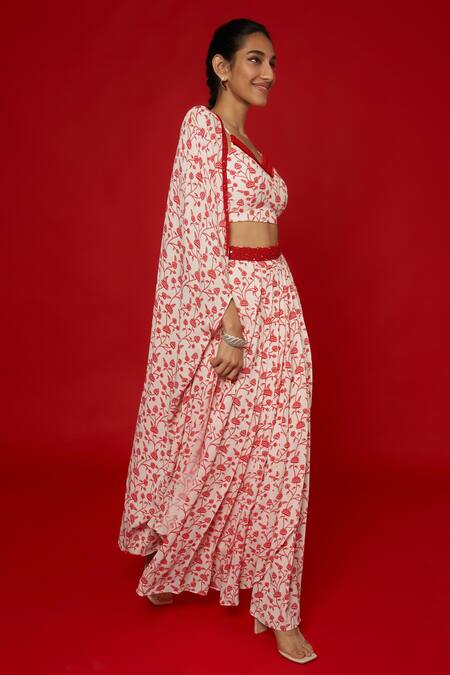 Buy_Essay By Sumedha Agrawal_White Georgette Beads, Mirrors V-neck Lotus Vine Print Cape Skirt Set _Online_at_Aza_Fashions