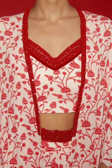 Shop_Essay By Sumedha Agrawal_White Georgette Beads, Mirrors V-neck Lotus Vine Print Cape Skirt Set _Online_at_Aza_Fashions