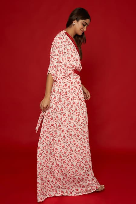 Essay By Sumedha Agrawal_White Georgette, Satin Embroidery, Beads V-neck Lotus Vine Print Kaftan _Online_at_Aza_Fashions