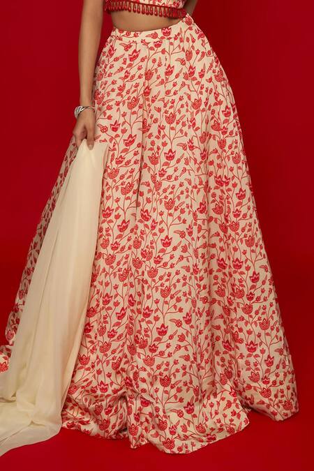 Essay By Sumedha Agrawal_Cream Organza Beads, Embroidery High Neck Lotus Jaal Print Lehenga Set _Online_at_Aza_Fashions