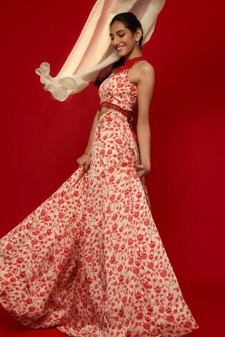 Buy_Essay By Sumedha Agrawal_Cream Organza Beads, Embroidery High Neck Lotus Jaal Print Lehenga Set _Online_at_Aza_Fashions