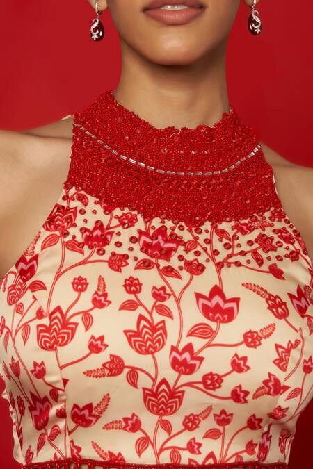 Shop_Essay By Sumedha Agrawal_Cream Organza Beads, Embroidery High Neck Lotus Jaal Print Lehenga Set _Online_at_Aza_Fashions