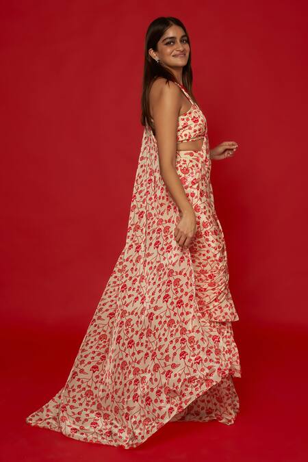 Buy_Essay By Sumedha Agrawal_Cream Crepe Embroidery, Beads Round Neck Printed Pre-draped Saree And Blouse Set _Online_at_Aza_Fashions