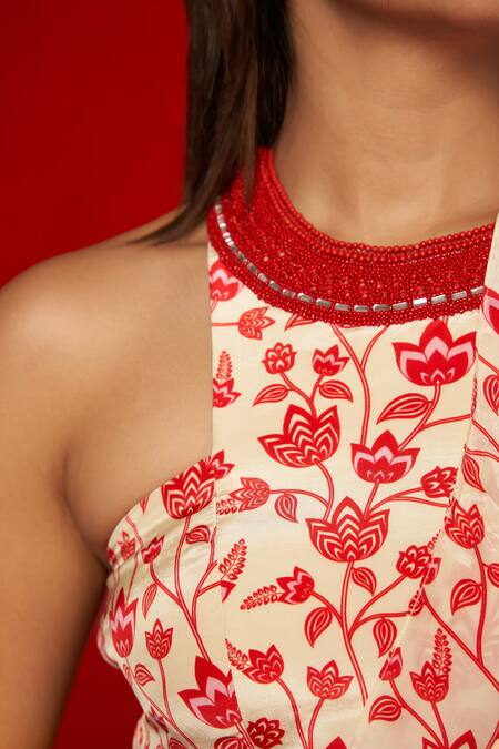 Shop_Essay By Sumedha Agrawal_Cream Crepe Embroidery, Beads Round Neck Printed Pre-draped Saree And Blouse Set _Online_at_Aza_Fashions