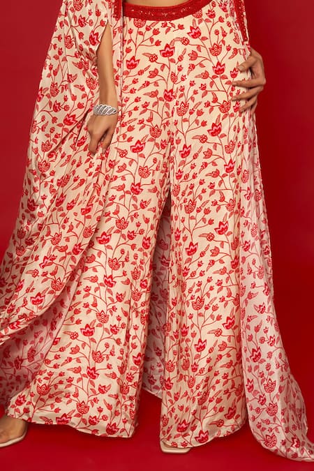 Essay By Sumedha Agrawal_Cream Crepe Beads V-neck Lotus Vine Print Cape Palazzo Set _Online_at_Aza_Fashions