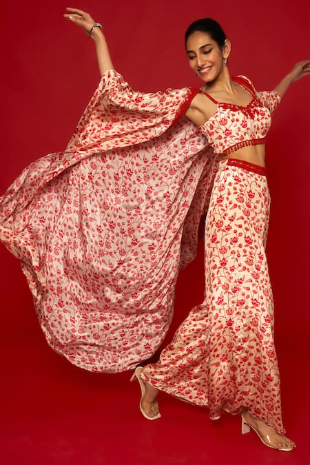 Buy_Essay By Sumedha Agrawal_Cream Crepe Beads V-neck Lotus Vine Print Cape Palazzo Set _Online_at_Aza_Fashions