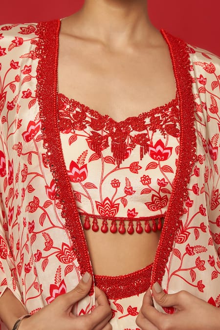 Shop_Essay By Sumedha Agrawal_Cream Crepe Beads V-neck Lotus Vine Print Cape Palazzo Set _Online_at_Aza_Fashions