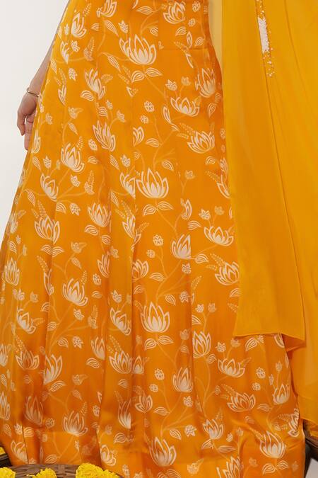 Essay By Sumedha Agrawal_Yellow Organza Pearls, Mirrors Round Neck Lotus Print Lehenga Blouse Set _Online_at_Aza_Fashions