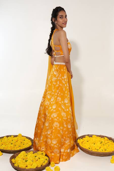 Buy_Essay By Sumedha Agrawal_Yellow Organza Pearls, Mirrors Round Neck Lotus Print Lehenga Blouse Set _Online_at_Aza_Fashions