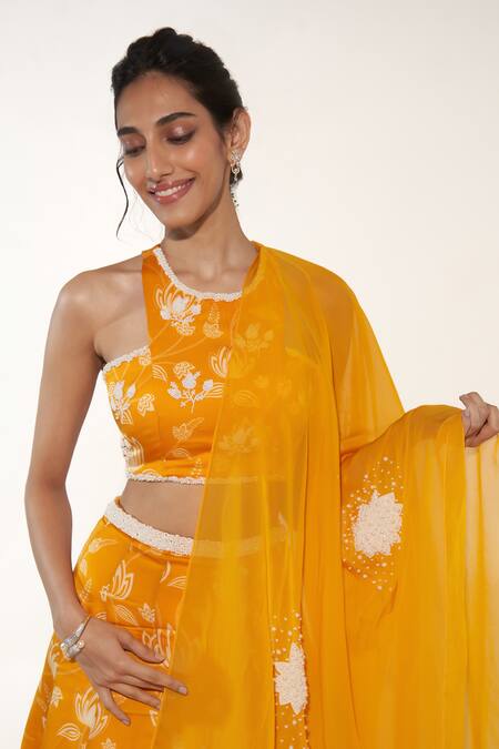 Shop_Essay By Sumedha Agrawal_Yellow Organza Pearls, Mirrors Round Neck Lotus Print Lehenga Blouse Set _Online_at_Aza_Fashions