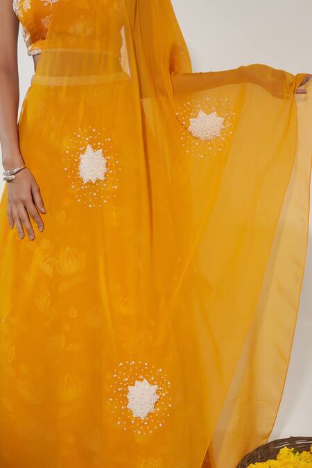 Essay By Sumedha Agrawal_Yellow Organza Pearls, Mirrors Round Neck Lotus Print Lehenga Blouse Set _at_Aza_Fashions