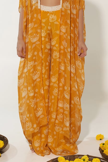 Essay By Sumedha Agrawal_Yellow Organza Pearls, Beads, Embroidery Square Lotus Print Cape Palazzo Set _Online_at_Aza_Fashions