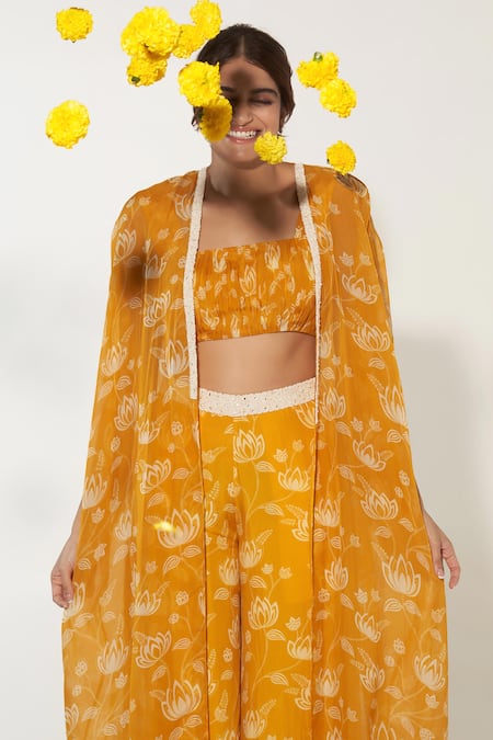 Shop_Essay By Sumedha Agrawal_Yellow Organza Pearls, Beads, Embroidery Square Lotus Print Cape Palazzo Set _Online_at_Aza_Fashions
