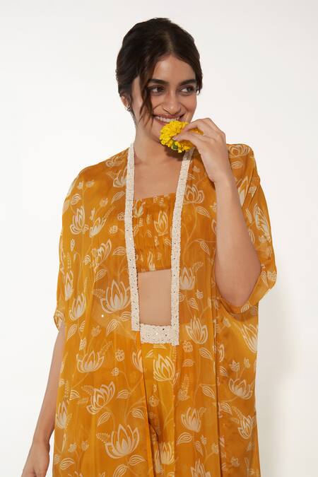 Essay By Sumedha Agrawal_Yellow Organza Pearls, Beads, Embroidery Square Lotus Print Cape Palazzo Set _at_Aza_Fashions
