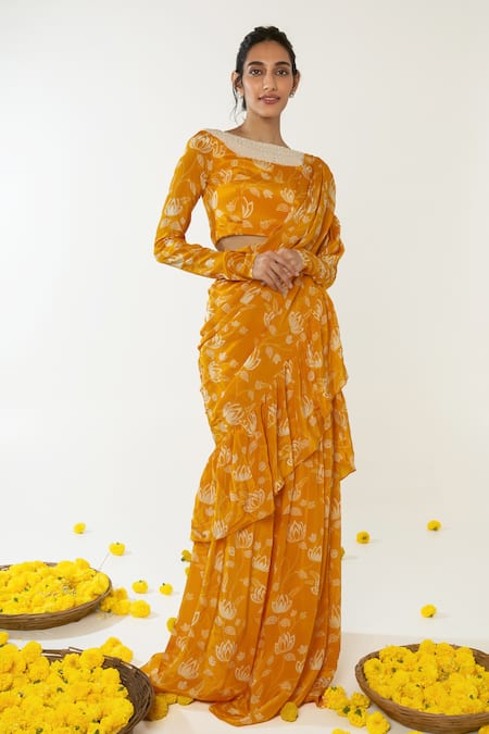 Essay by Sumedha Agrawal Yellow Natural Crepe Printed And Hand Embroidered Pre-draped Saree & Blouse Set 