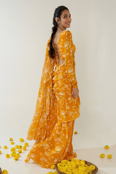 Essay By Sumedha Agrawal_Yellow Crepe Pearls, Embroidery, Beads Lotus Print Pre-draped Saree And Blouse Set _Online_at_Aza_Fashions