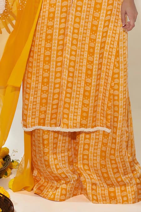 Essay By Sumedha Agrawal_Yellow Organza, Satin Pearls, Beads, Embroidery, Lotus Stripe Print Kurta Set _Online_at_Aza_Fashions