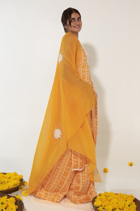 Buy_Essay By Sumedha Agrawal_Yellow Organza, Satin Pearls, Beads, Embroidery, Lotus Stripe Print Kurta Set _Online_at_Aza_Fashions