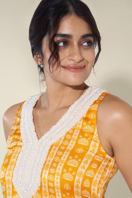 Essay By Sumedha Agrawal_Yellow Organza, Satin Pearls, Beads, Embroidery, Lotus Stripe Print Kurta Set _at_Aza_Fashions