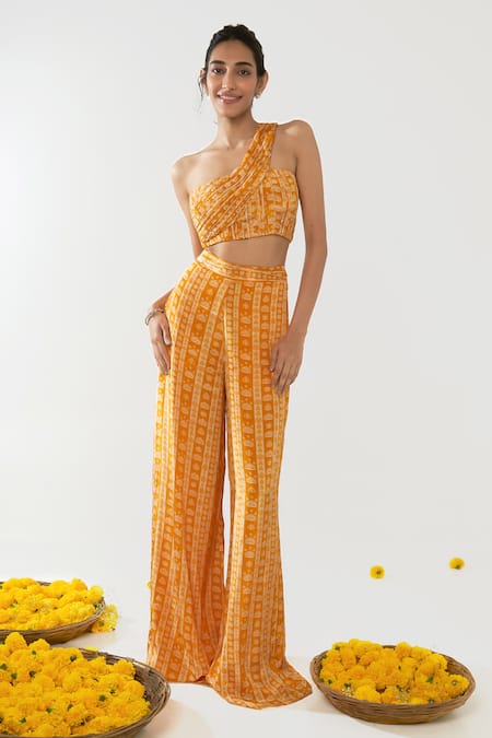 Essay by Sumedha Agrawal Yellow Natural Crepe Printed Lotus Stripe One Shoulder Blouse And Pant Set 