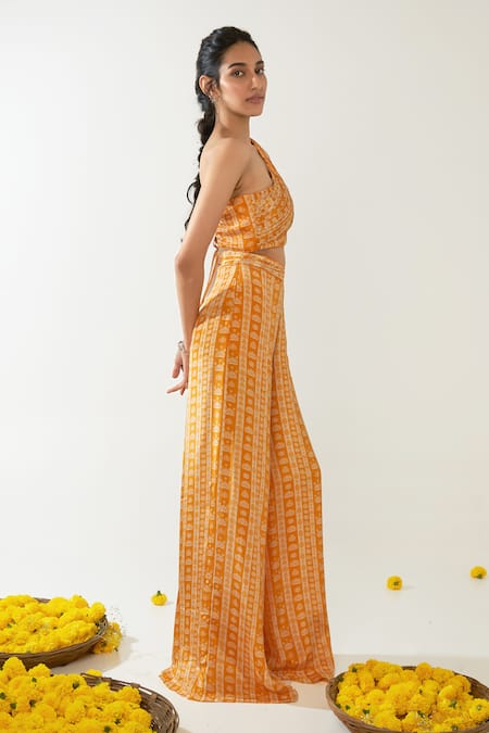 Buy_Essay By Sumedha Agrawal_Yellow Crepe One Shoulder Lotus Stripe Print Blouse And Pant Set _Online_at_Aza_Fashions