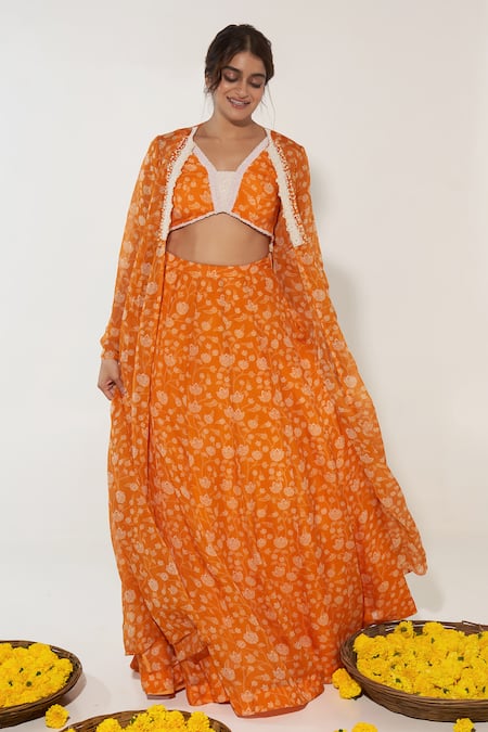 Essay by Sumedha Agrawal Orange Organza Printed And Hand Embroidered Lotus Vine Cape Lehenga Set 