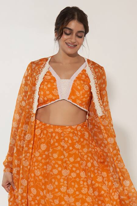 Essay By Sumedha Agrawal_Orange Organza Pearls, Beads V-neck Lotus Print Lehenga Cape Set _Online_at_Aza_Fashions