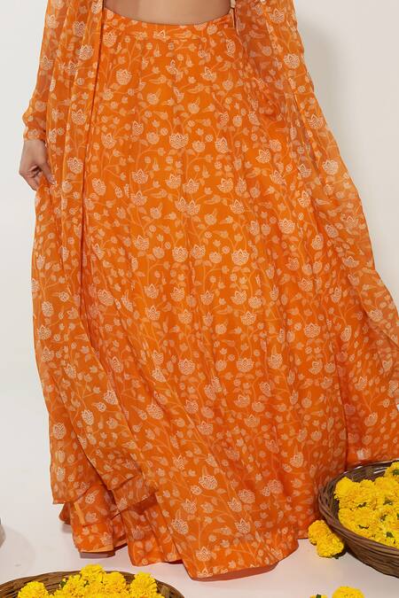 Buy_Essay By Sumedha Agrawal_Orange Organza Pearls, Beads V-neck Lotus Print Lehenga Cape Set _Online_at_Aza_Fashions