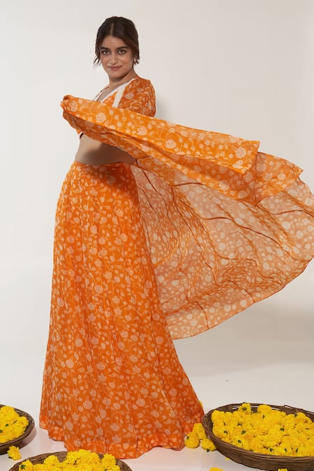 Shop_Essay By Sumedha Agrawal_Orange Organza Pearls, Beads V-neck Lotus Print Lehenga Cape Set _Online_at_Aza_Fashions