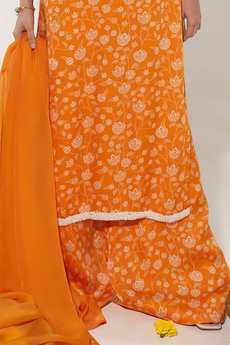 Essay By Sumedha Agrawal_Orange Organza Pearls, Mirrors Boat Neck Lotus Print Kurta Palazzo Set _Online_at_Aza_Fashions