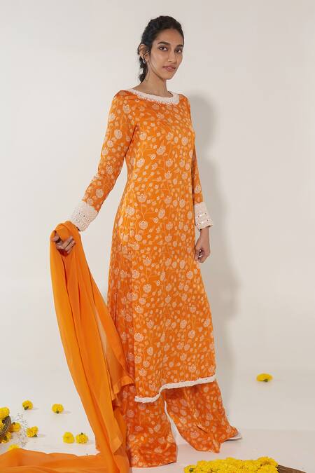 Buy_Essay By Sumedha Agrawal_Orange Organza Pearls, Mirrors Boat Neck Lotus Print Kurta Palazzo Set _Online_at_Aza_Fashions