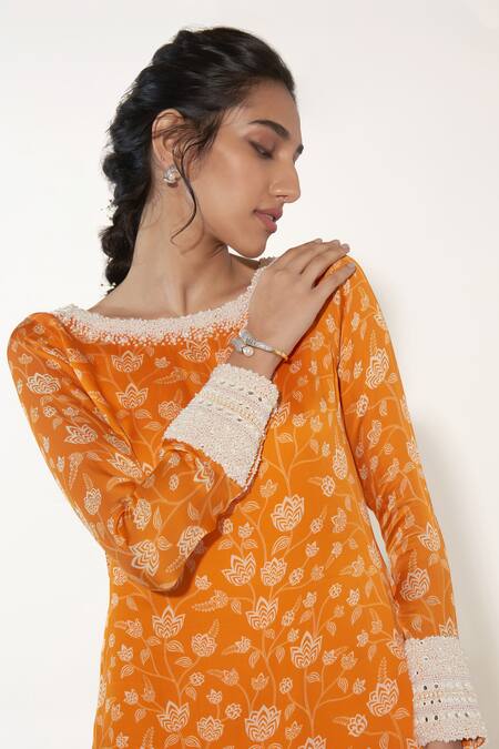 Shop_Essay By Sumedha Agrawal_Orange Organza Pearls, Mirrors Boat Neck Lotus Print Kurta Palazzo Set _Online_at_Aza_Fashions