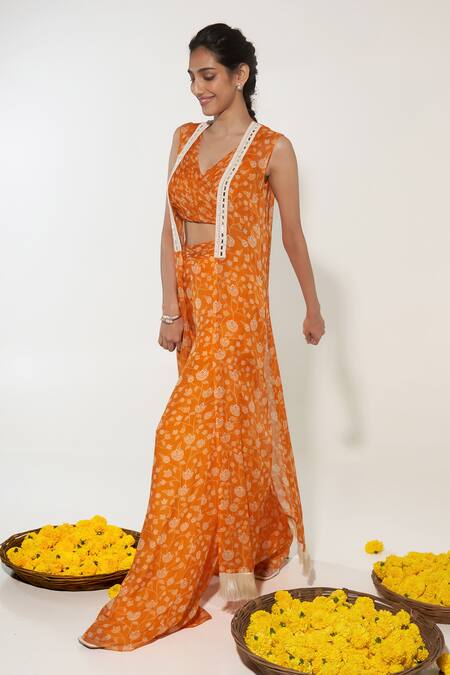 Essay By Sumedha Agrawal_Orange Organza Sequins, Beads V-neck Lotus Vine Print Palazzo Set _Online_at_Aza_Fashions
